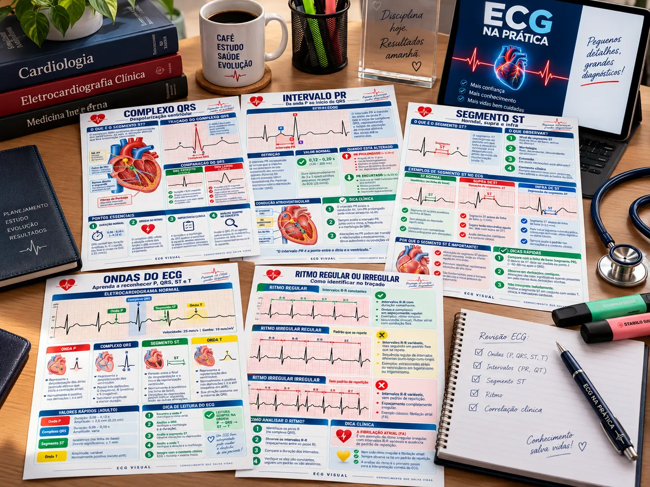 Guia ECG na Prática em livro, com tablet e celular exibindo ritmos cardíacos