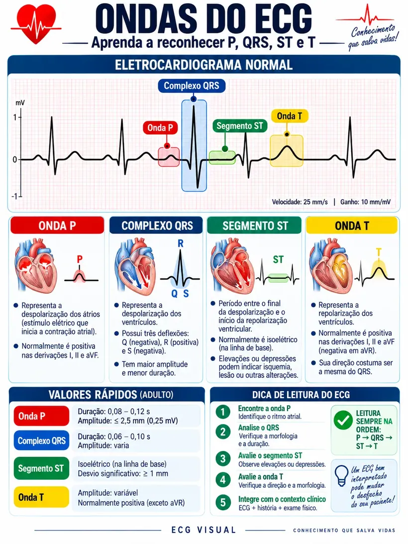 Ondas do ECG: P, QRS, ST e T
