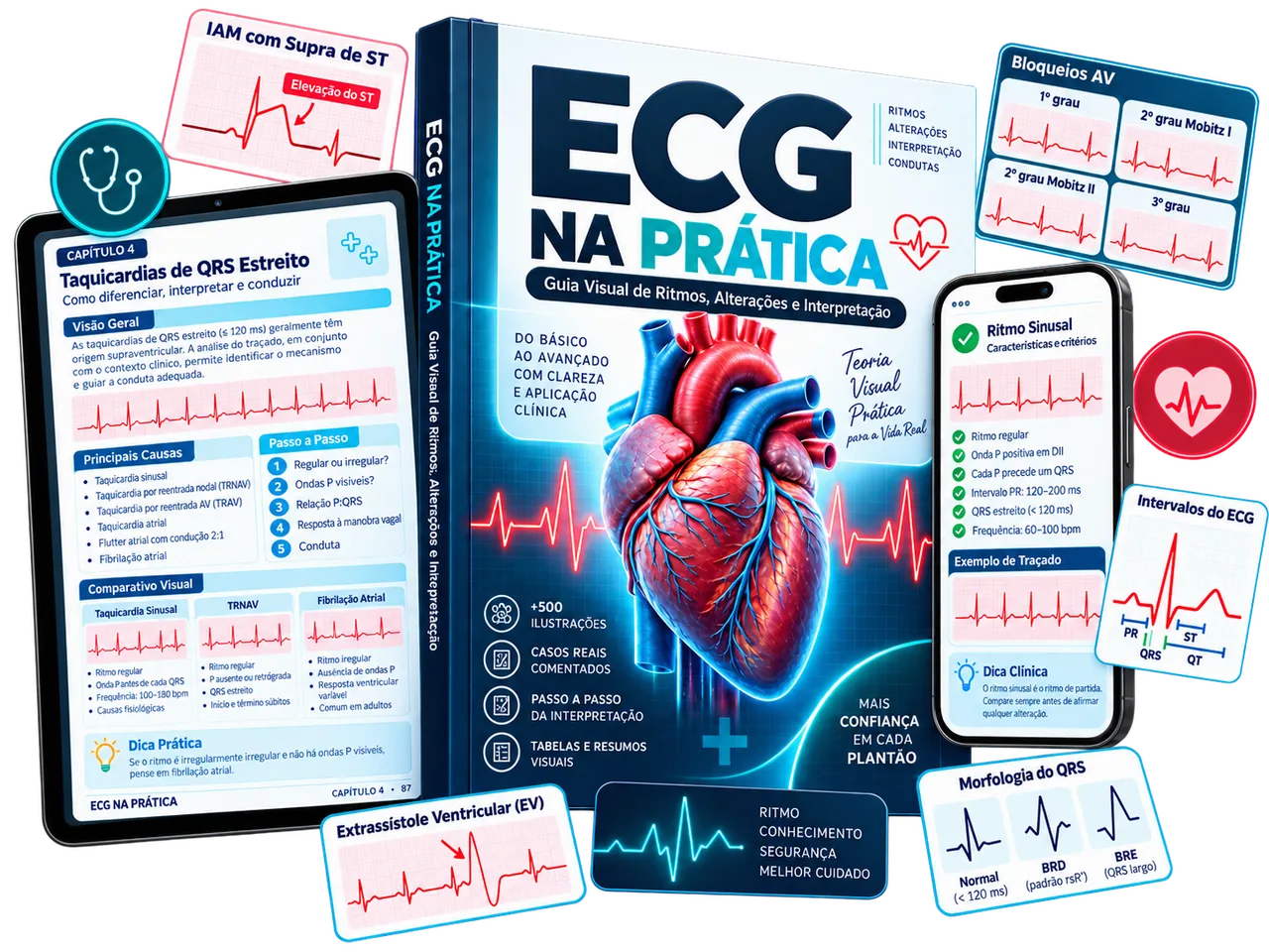 Guia ECG na Prática mostrado no computador, no tablet e no celular, com cartões de ritmos e traçados