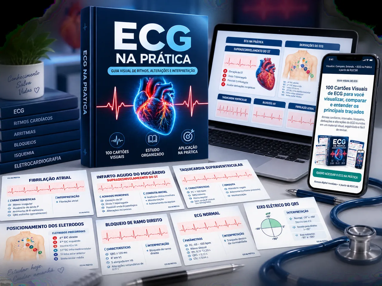 Mockup do guia ECG na Prática com cartões visuais, notebook e celular