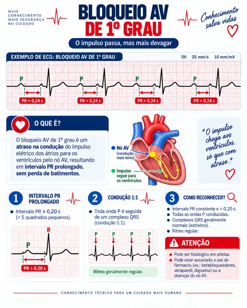 Bloqueio AV de 1º grau: o impulso passa, mas mais devagar